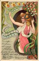 1903 Art Nouveau lady. Floral, litho (kis szakadás / small tear)