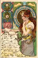 1920 Art Nouveau lady. Floral, litho (EK)