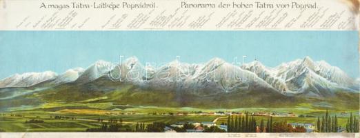 Tátra, Magas-Tátra, Vysoké Tatry; Látkép Poprádról. 4-részes hajtatlan panorámalap / 4-tiled unfolded panoramacard (szakadás / tear) (36 x 13,9 cm)