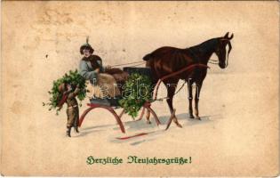 1917 Herzliche Neujarhsgrüße! / New Year greeting art postcard with horse-drawn sled. M. Munk Wien Nr. 1015. + K.u.K. 7. Eisenbahnkompagnie (fl)