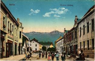 1916 Ruttka, Vrútky; Fő utca, piac, Szétsényi Ferenc üzlete. Vasúti levelezőlapárusítás 22. sz. 1915. / main street, market, shops (szakadás / tear)