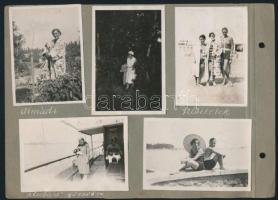 1929 Felvételek Balatonalmádiból, strand, hajózás, Margitszigetről, csónakkirándulás a Dunán, stb., albumlapra ragasztott fotók, feliratozva, 6×8,5 cm