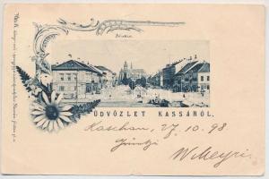 1898 (Vorläufer) Kassa, Kosice; Fő utca, piac, Adriányi üzlete. Vitéz A. kiadása / main street, market, shops. Art Nouveau, floral (szakadás / tear)