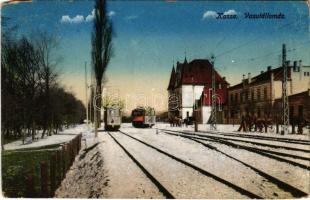 1917 Kassa, Kosice; Vasútállomás, villamosok / Bahnhof / railway station, trams (EM)