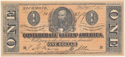 Amerikai Egyesült Államok / Konföderációs Államok 1864.1$ hátoldalán jelzett replika bankjegy T:I- USA / Confederate States 1864. 1 Dollar marked replica banknote C:AU
