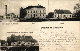 1916 Glince, Gleinitz (Vic); Nova cerkev sv. Antona, Ljudska Sola, Posta, Gostilna Agnola po domace pri Lahni. Zalozba M. Agnola / church, restaurant, post office, school