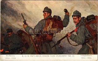 K.u.k. Inft-Regt. Edler von Pokorny Nr. 25.. Weltkrieg 1914-1916. Farben-Klischee A. Krampolek. Verlag K.u.k. Kmdo. der 27. Inf. Trp. Dion. / A tiszta jövedelem a Kárpátokban elpusztított falvak újjáépítésére és a második hadsereg legénységi özvegyei és árvái alapítványra fordíttatik / WWI Austro-Hungarian military art s: Hans Larwin