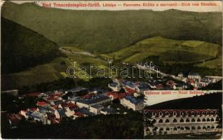 1916 Trencsénteplic, Trencianske Teplice; látkép, kilátás a Szarvasról, Hotel Bellevue szálloda / Panorama, Blick vom Hirschen, Hotel Bellevue / general view, hotel, spa (EK)