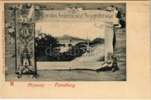 Pozsony, Pressburg, Bratislava; 1886. Aus jedem Fensterlein mögt Ihr gegrüsset sein / Szecessziós montázs üdvözlet. Rudolf Drodtleff / Art Nouveau greeting montage