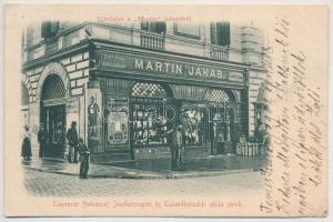 1902 Temesvár, Timisoara; Martin Jakab üzlete a Turistához a Jenő herceg tér és Takarékpénztár utca sarkán / shop (EK)