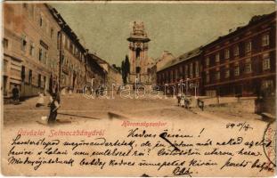 1899 (Vorläufer) Selmecbánya, Schemnitz, Banská Stiavnica; Szentháromság szobor, bor és sörcsarnok. Joerges kiadása / street view, Holy Trinity statue, inn, beer hall (Rb)