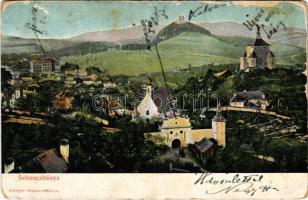 1907 Selmecbánya, Schemnitz, Banská Stiavnica; Piargská brána, Novy zámok, Kalvária / Hegybányai (Szélaknai) kapu, Piargi kapu, Leányvár, Kálvária. Joerges kiadása / city gate, castle, calvary (EM)