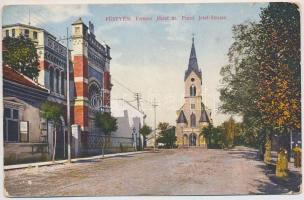 1915 Pöstyén, Pistyan, Piestany; Ferenc József út, zsinagóga és evangélikus templom. Fuchs Margit kiadása / Franz Josef-Strasse / synagogue and Lutheran church, street view (EK)