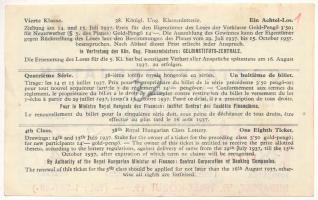 1937. "38. Osztálysorsjáték" 3. osztály 1/8 sorsjegy, "D" sorozat, felülbélyegzé...