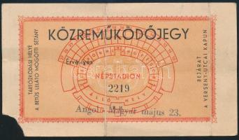 1954 Közreműködő jegy a Népstadionba a magyar-angol (7-1) meccsre, hajtott, sarokhiány