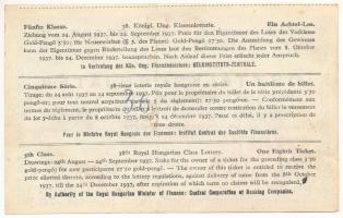 1937. "38. Osztálysorsjáték" 5. osztály 1/8 sorsjegy, "D" sorozat, felülbélyegzé...