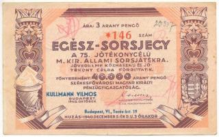 Budapest 1940. "Egész Sorsjegy a 75. Jótékonycélú M. Kir. Állami Sorsjátékra" sorsjegy 3P értékben vízjeles papíron, felülbélyegzéssel T:III firka