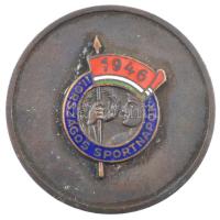 1946. II. Országos Sportnapok 1946 kétoldalas, zománcozott bronz emlékérem, hátoldalán 1946 II. 280kb bekarcolással, tokban (40mm) T:1-,2 patina