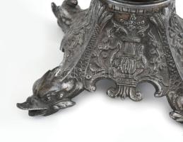 Szent Márton a libával, figurális, ón gyertyatartó, kopott, m: 32,5 cm