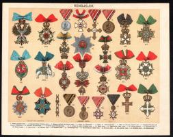 cca 1896 Címerek és rendjelek (kitüntetések), 2 db nyomat, papír, Pallas Nagy Lexikona, 24x30 cm