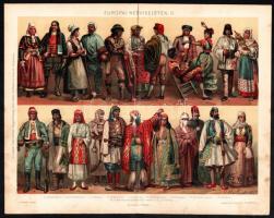 cca 1896 Európai népviseletek I-II., 2 db nyomat, papír, Pallas Nagy Lexikona, kissé foltos, 24x28 c...