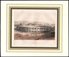 Lauterbach festménye után, William French (1815-1898) metszése: Verona, amfiteátrum. Színezett acélmetszet, papír, jelzett a metszeten. Paszpartuban. Kissé foltos. 14x21 cm.