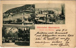 1902 Báziás, vasútállomás, kikötő, gőzhajó utasokkal / railway station, port, steamship with passengers (EK)