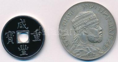 Etiópia DN 1B replikája + Kína DN műgyantás fantáziaveret T:2 patina Ethiopia ND 1 Birr replica + China ND fantasy coin wit synthetic resin C:XF patina