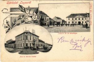 1902 Lugos, Lugoj; Izabella tér és Városháza, Posta és távirda hivatal, Reiter Henrik üzlete. Auspitz Adolf kiadása / square, town hall, post and telegraph office, shop. Art Nouveau, floral (EK)