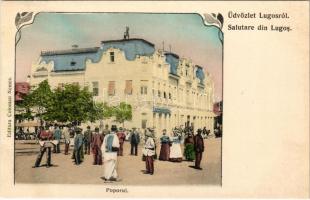 Lugos, Lugoj; Poporul / piac, Sternlicht Manó üzlete, emberek a háztetőn. Coloman Nemes kiadása / market, shop, people on the roof. Art Nouveau