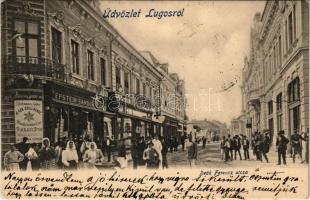 1903 Lugos, Lugoj; Deák Ferenc utca, Epstein Sándor kézműárú raktár a kék csillaghoz, üzletek / street, shops (EK)