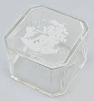 Régi üveg doboz, Cupido buborékot fújó nővel, kopott, 12x12x9 cm