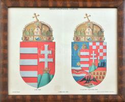 cca 1895-1900 A kis címer és az egyesített, vagyis közép címer, színes nyomat a Pallas Nagy Lexikonából, üvegezett fakeretben, 23,5x29 cm