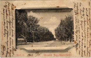 1902 Nagyszalonta, Salonta; Vasúti út, Czinczár Mór üzlete. Reich Jakab kiadása / street, shop (szakadás / tear)