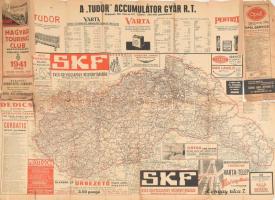 1941 A Magyar Touring Club magyarországi útállapot térképe, 1941. tavasz, hirdetésekkel (SKF, Varta, Pertrix, stb.), hátoldalán Budapest képes idegenforgalmi ismertetőjével. Szakadt állapotban, 99x69 cm