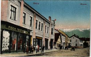 Ruttka, Vrútky; Fő utca, Fisch Testvérek, Szétsényi Ferenc üzlete. Vasúti levelezőlapárusítás 12. sz. 1918. / main street, shops