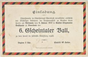 1913 Übersbach, tankerületi bál meghívója, német nyelvű, kissé foltos