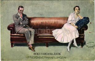 Béketárgyalások / Friedensverhandlungen / Romantic couple, lady art postcard. artist signed