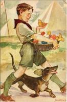 Tacskó és cserkész. Márton L.-féle Cserkészlevelezőlapok Kiadóhivatala / Scout boy and Dachshund dog s: Márton L. (EK)