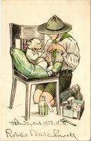 1932 A cserkész ahol tud, segít. Kiadja a Magyar Cserkészszövetség Nagytábortanácsa 1926 - 1932-es táti táborból küldve / Hungarian scout boy art postcard s: Márton L. (EK)