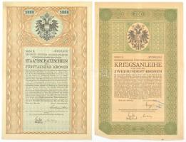 Ausztria / Bécs 1915. Osztrák Hadikölcsön 5 1/2%-os államkincstárjegye 200K-ról szelvényekkel + 1917. Osztrák Hadikölcsön 5 1/2%-os államkincstárjegye 5000K-ról szelvényekkel T:III szép papír Austria / Vienna 1915. Austrian War Loan 5 1/2% state treasury certificate about 200 Kronen with coupons + 1917. 6th Austrian War Loan 5 1/2% state treasury certificate about 5000 Kronen with coupons C:F fine paper