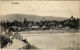 1914 Szucsány, Sjucsány, Sucany; látkép, híd, fűrésztelep, fatelep. Strelinger József kiadása. Hegedűs J. fényképész felvétele / general view, bridge, sawmill, lumber yard (EK)