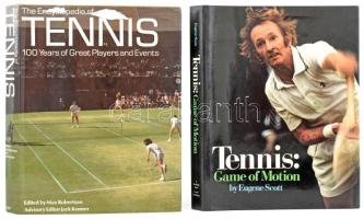 2 db Tenisszel kapcsolatos könyv: The encyclopedia of tennis - 100 years of great players and events. 1974 Rainbird, kissé szakadt papír védőborítóval + Eugene Scott: Tennis: Game of motion. Vászonkötésben, papír védőborítóval