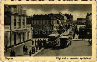 1942 Ungvár, Uzshorod, Uzhhorod, Uzhorod; Régi híd és színház, autóbuszok / old bridge, theatre, autobuses (fa)