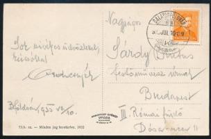 cca 1935 feltehetően gróf Andrássy Géza (1856-1938) és családja aláírása (Andrássyék) Sárdy Brutus (1892-1970) festőművész, restaurátor részére küldött képeslapon.