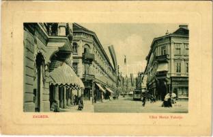 1911 Zagreb, Zágráb; Ulica Marije Valerije / Mária Valéria utca, villamos, Dr. Bogad fogorvos, Phönix üzletek. W.L. Bp. 7482. 1911-13. / tram, street, dentist, insurance company