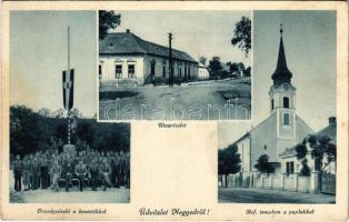 1941 Negyed, Neded; Református templom és paplak, utca részlet, Országzászló a leventékkel. Fogyasztási Szövetkezet kiadása / Calvinist church and rectory, street, Hungarian flag with members of the Hungarian youth paramilitary organization (EK)