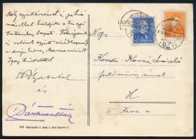1936 Pólya Antal és Pásztor Zoltán dalszerzők autográf aláírásai egy Kézdi-Kovács László (1864-1942) festőművész, műkritikus részére küldött kondoleáló, a saját daljukat (Óbaudai virrasztó) hirdető képeslapon, törésnyommal.