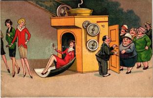 Nőket megfiatalító gép, humor / rejuvenating machine for women, humour. HWB 3879. litho