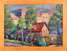 Ujváry Lajos (1925-2006):Színes város. Olaj, farost, jelezve jobbra lent, dekoratív fakeretben, 37,5×52 cm